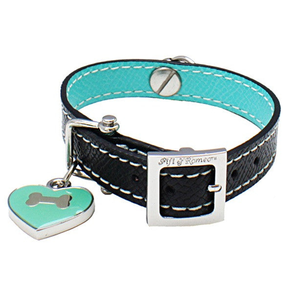Black & Aqua Leather Collar - Fifi & Romeo